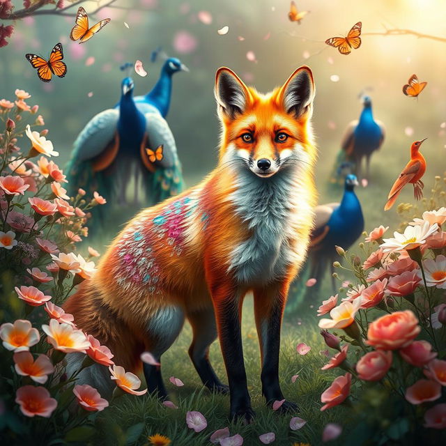 An enchanting scene featuring a vibrant and colorful fox with a shimmering, iridescent coat standing boldly in a lush garden filled with blooming flowers