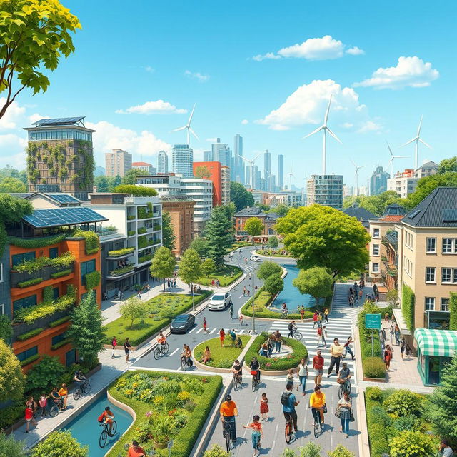 A vibrant cityscape in the year 2030 showcasing a harmonious balance between nature and urban living, illustrating the achievement of all 17 Sustainable Development Goals