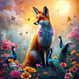 A mystical and vibrant scene featuring a majestic, colorful fox standing tall in a flourishing garden, filled with a riot of colors and blooming flowers under a radiant sun