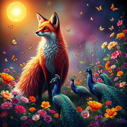A mystical and vibrant scene featuring a majestic, colorful fox standing tall in a flourishing garden, filled with a riot of colors and blooming flowers under a radiant sun