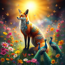 A mystical and vibrant scene featuring a majestic, colorful fox standing tall in a flourishing garden, filled with a riot of colors and blooming flowers under a radiant sun