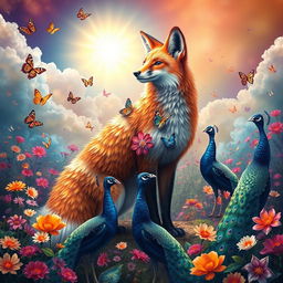 A mystical and vibrant scene featuring a majestic, colorful fox standing tall in a flourishing garden, filled with a riot of colors and blooming flowers under a radiant sun