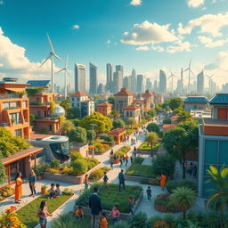A vibrant scene depicting life in 2030, showcasing a diverse community thriving after achieving all 17 Sustainable Development Goals