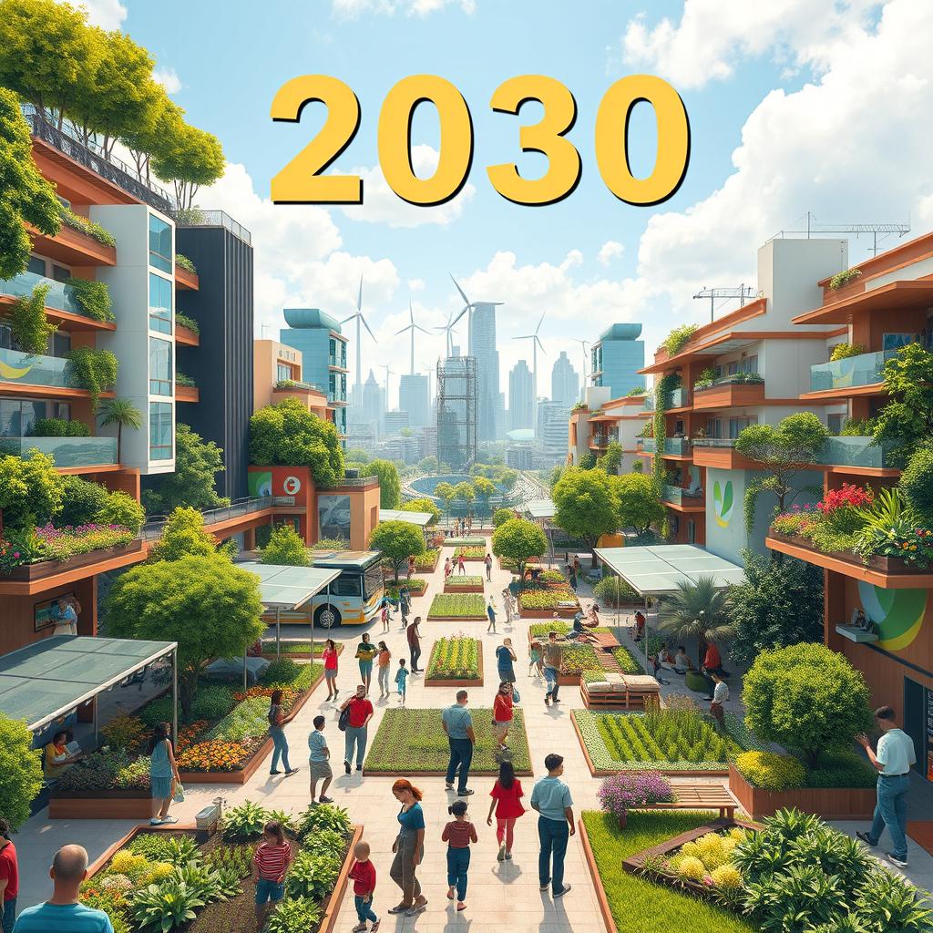 A vibrant scene depicting life in 2030, showcasing a diverse community thriving after achieving all 17 Sustainable Development Goals