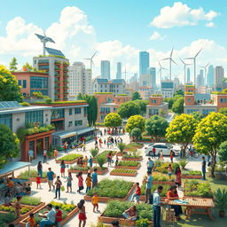 A vibrant scene depicting life in 2030, showcasing a diverse community thriving after achieving all 17 Sustainable Development Goals