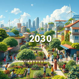 A vibrant scene depicting life in 2030, showcasing a diverse community thriving after achieving all 17 Sustainable Development Goals