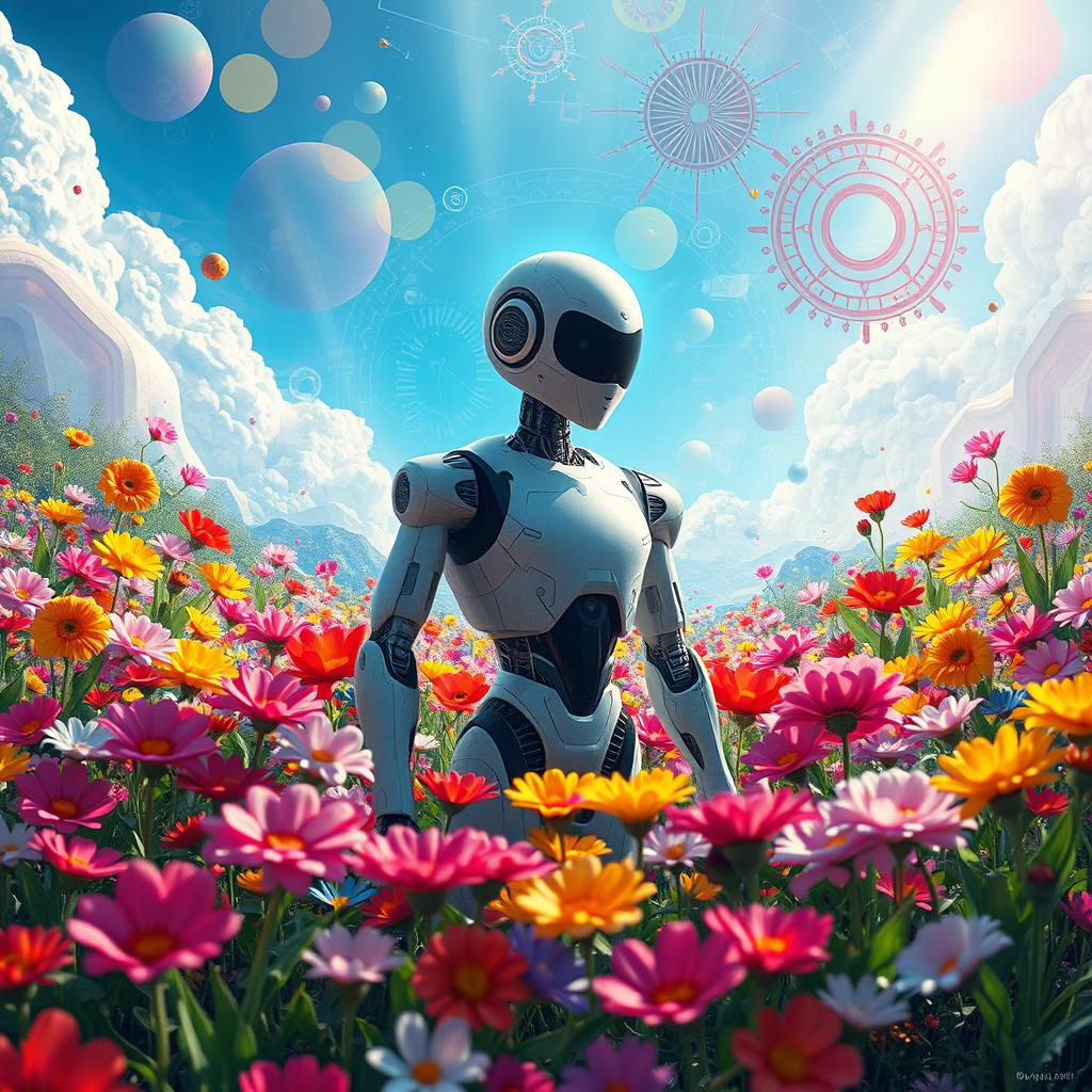 A surreal representation of the relationship between robots and humans, captured in a vivid and imaginative landscape