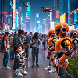 A futuristic scene depicting the interaction between humans and robots in a bustling city