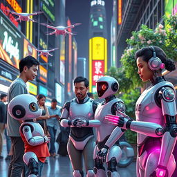 A futuristic scene depicting the interaction between humans and robots in a bustling city