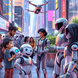 A futuristic scene depicting the interaction between humans and robots in a bustling city