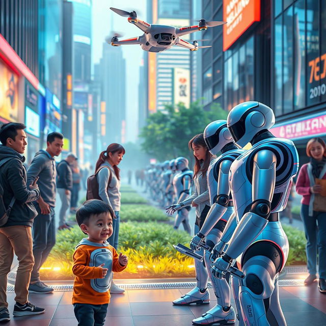 A futuristic scene depicting the interaction between humans and robots in a bustling city