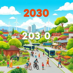 A vibrant and colorful illustration depicting a utopian city in the year 2030, showcasing the successful achievement of all 17 Sustainable Development Goals