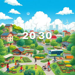 A vibrant and colorful illustration depicting a utopian city in the year 2030, showcasing the successful achievement of all 17 Sustainable Development Goals