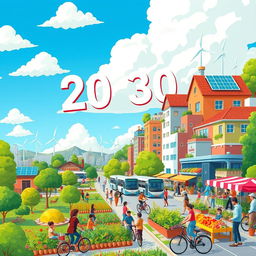 A vibrant and colorful illustration depicting a utopian city in the year 2030, showcasing the successful achievement of all 17 Sustainable Development Goals