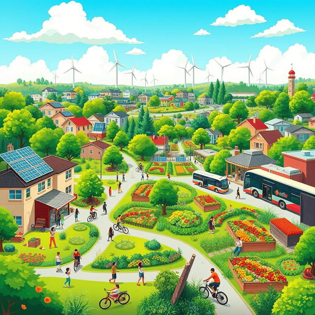 A vibrant and colorful illustration depicting a utopian city in the year 2030, showcasing the successful achievement of all 17 Sustainable Development Goals