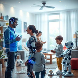 A dynamic and engaging scene illustrating the relationship between humans and artificial intelligence in a modern setting