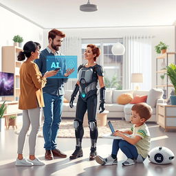 A dynamic and engaging scene illustrating the relationship between humans and artificial intelligence in a modern setting