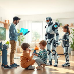 A dynamic and engaging scene illustrating the relationship between humans and artificial intelligence in a modern setting