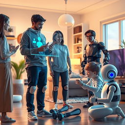 A dynamic and engaging scene illustrating the relationship between humans and artificial intelligence in a modern setting