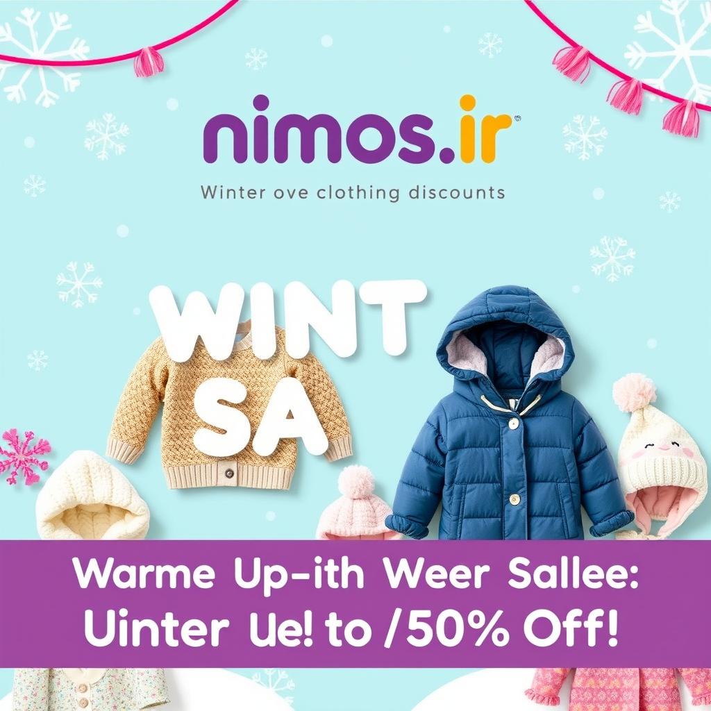 A promotional banner for a baby clothing store featuring winter clothes discounts