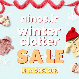 A promotional banner for a baby clothing store featuring winter clothes discounts