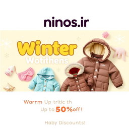 A promotional banner for a baby clothing store featuring winter clothes discounts