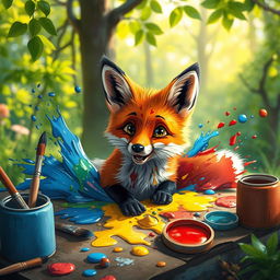 A whimsical and colorful scene featuring a fox that has playfully fallen into a palette of vibrant paints