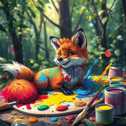 A whimsical and colorful scene featuring a fox that has playfully fallen into a palette of vibrant paints