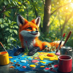 A whimsical and colorful scene featuring a fox that has playfully fallen into a palette of vibrant paints