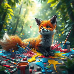 A whimsical and colorful scene featuring a fox that has playfully fallen into a palette of vibrant paints