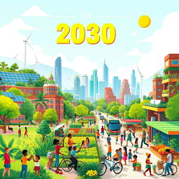 A vibrant and colorful illustration depicting life in 2030 where all 17 Sustainable Development Goals have been achieved
