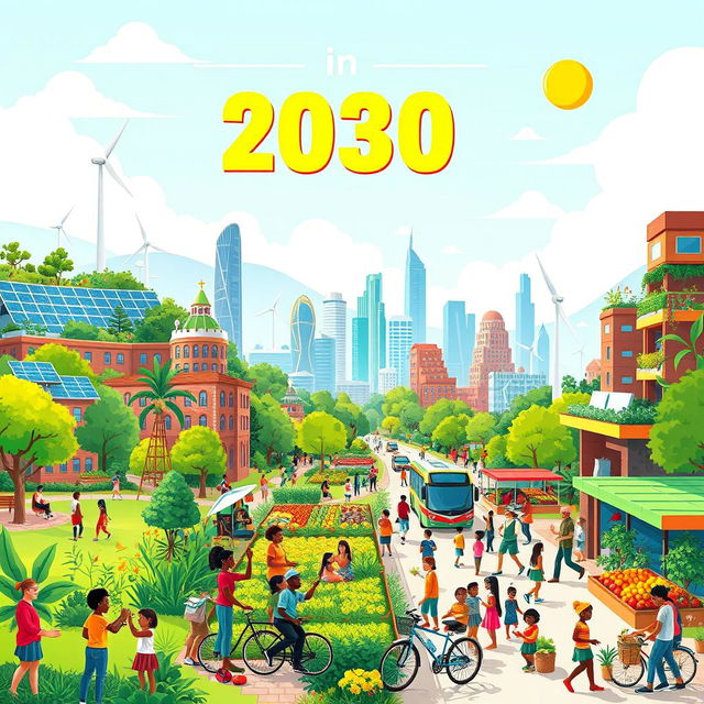 A vibrant and colorful illustration depicting life in 2030 where all 17 Sustainable Development Goals have been achieved