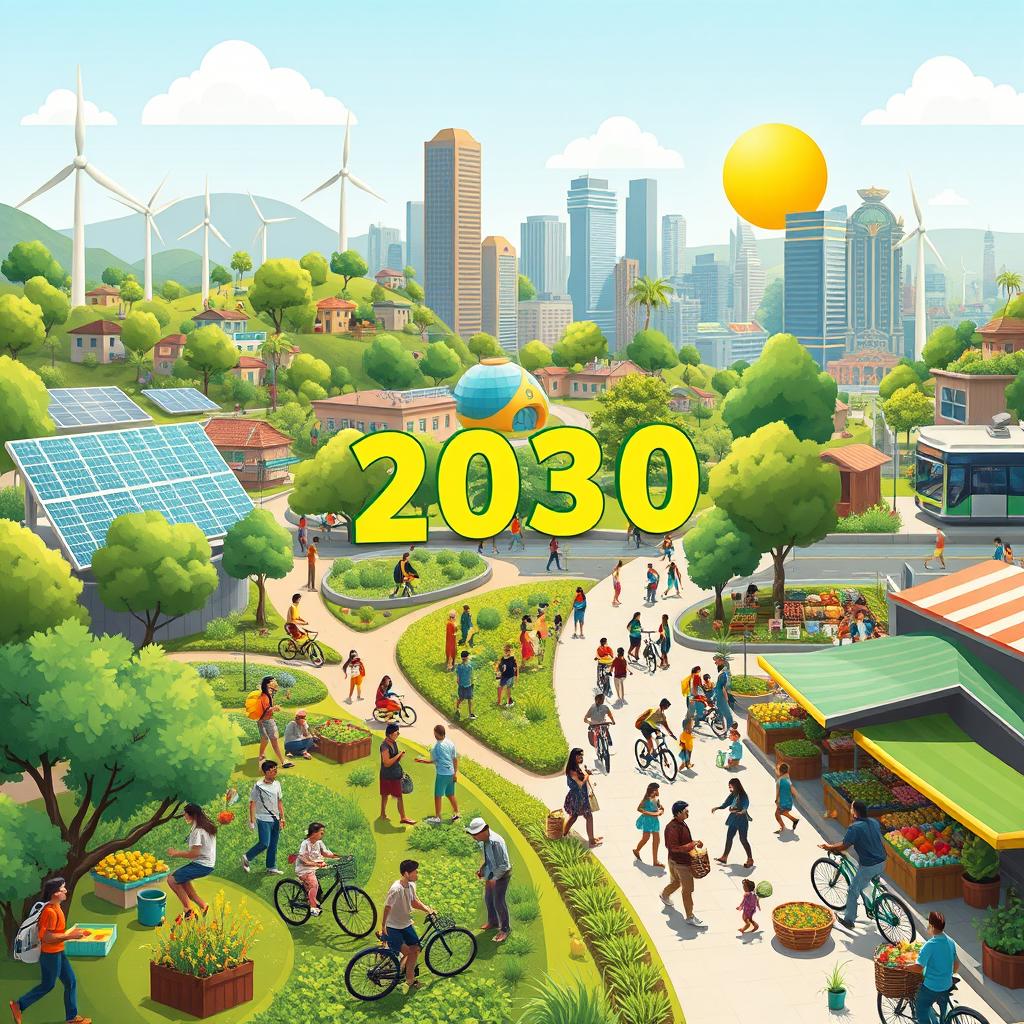 A vibrant and colorful illustration depicting life in 2030 where all 17 Sustainable Development Goals have been achieved