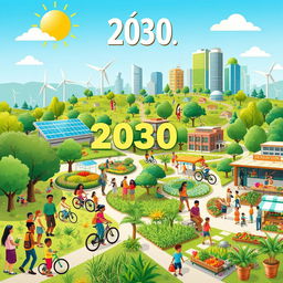 A vibrant and colorful illustration depicting life in 2030 where all 17 Sustainable Development Goals have been achieved