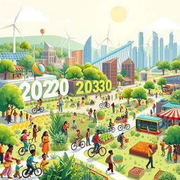 A vibrant and colorful illustration depicting life in 2030 where all 17 Sustainable Development Goals have been achieved