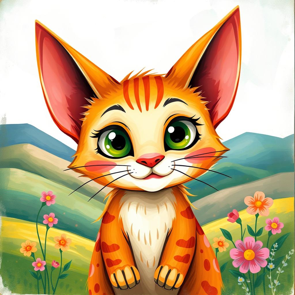 A whimsical and vibrant illustration of a cat with pointed ears, capturing an animated style