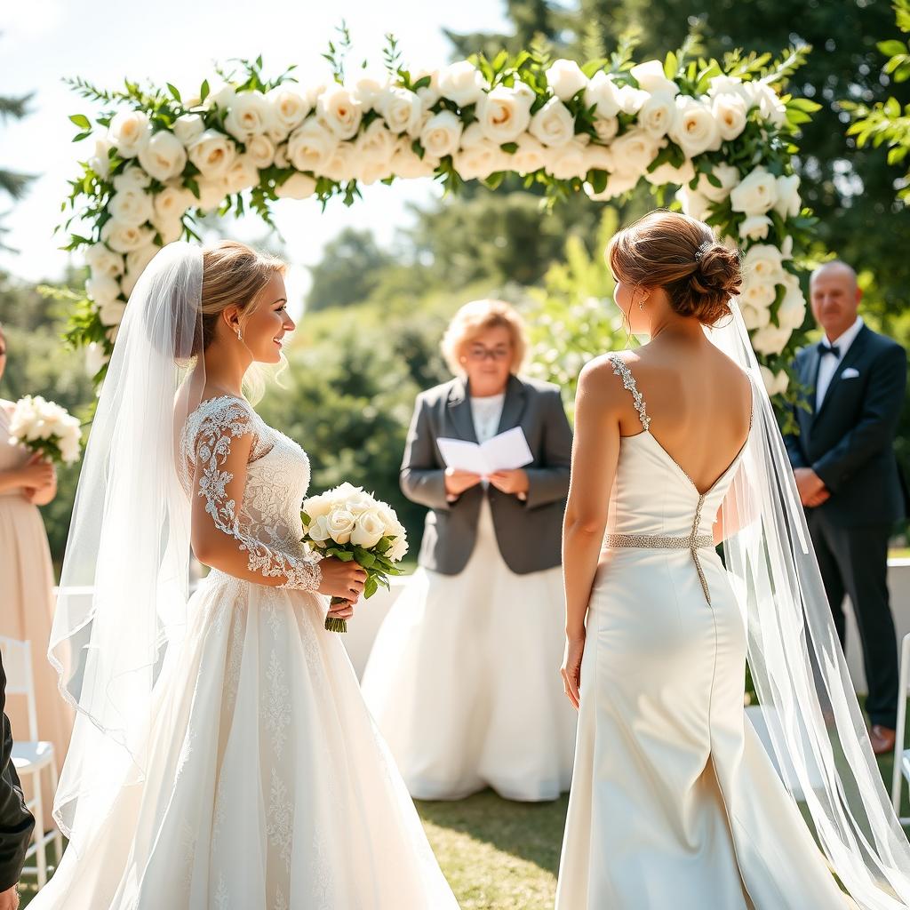 A picturesque wedding ceremony featuring two brides in beautiful wedding dresses