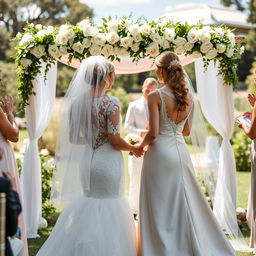 A picturesque wedding ceremony featuring two brides in beautiful wedding dresses