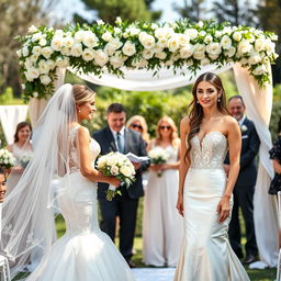 A picturesque wedding ceremony featuring two brides in beautiful wedding dresses