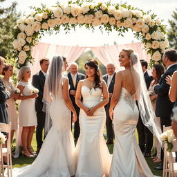 A picturesque wedding ceremony featuring two brides in beautiful wedding dresses