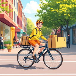 An engaging illustration for a bicycle delivery service, showcasing a dynamic scene of a cyclist wearing a bright uniform delivering packages