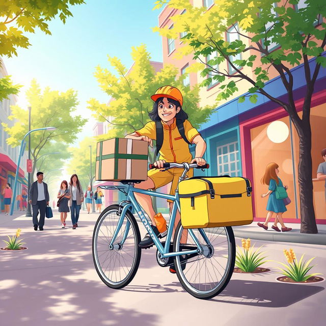 An engaging illustration for a bicycle delivery service, showcasing a dynamic scene of a cyclist wearing a bright uniform delivering packages