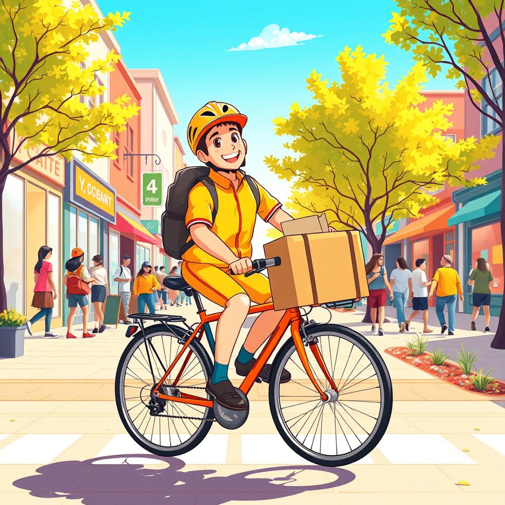 An engaging illustration for a bicycle delivery service, showcasing a dynamic scene of a cyclist wearing a bright uniform delivering packages