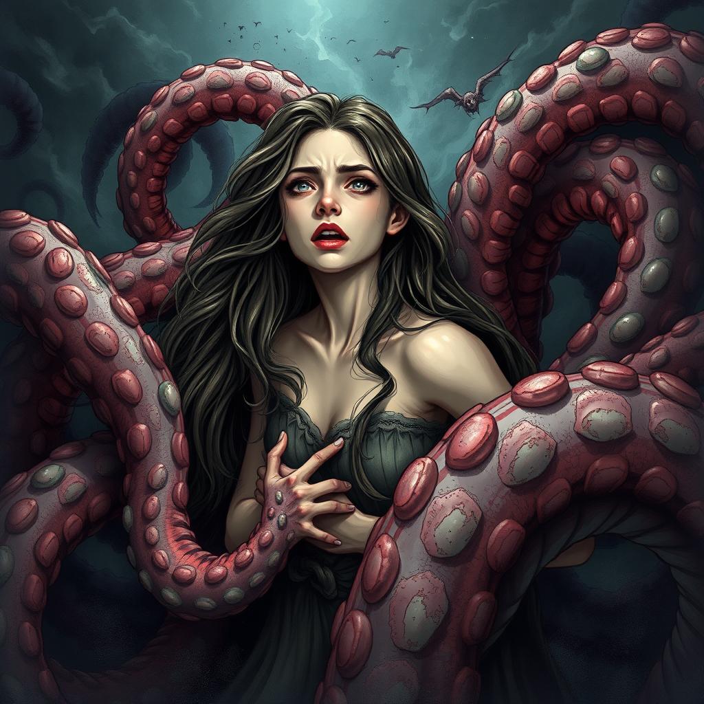 A detailed and surreal illustration of a young woman with long flowing hair caught in a nightmarish scene