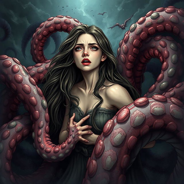 A detailed and surreal illustration of a young woman with long flowing hair caught in a nightmarish scene