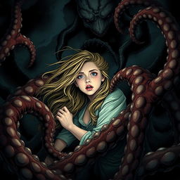 A detailed and surreal illustration of a young woman with long flowing hair caught in a nightmarish scene
