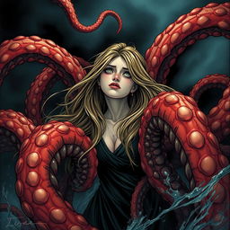 A detailed and surreal illustration of a young woman with long flowing hair caught in a nightmarish scene