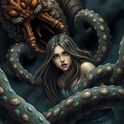 A detailed and surreal illustration of a young woman with long flowing hair caught in a nightmarish scene