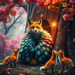 A captivating scene of a fox entering a colorful tree, surrounded by an explosion of vibrant colors