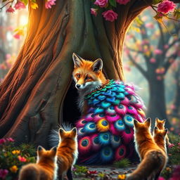A captivating scene of a fox entering a colorful tree, surrounded by an explosion of vibrant colors